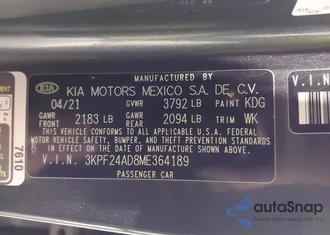 2021 Kia Forte Lxs z USA, uszkodzony, nr VIN 3KPF24AD8ME364189